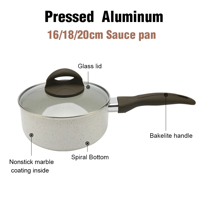 Portable Heat Resistant Nonstick Marble Coating Aluminum Cooking Sauce Pan with Lid