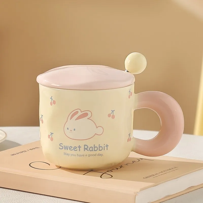 New cute 400ml cartoon Rabbit ceramic mug with cover spoon sweet gift box ceramic coffee milk Cup