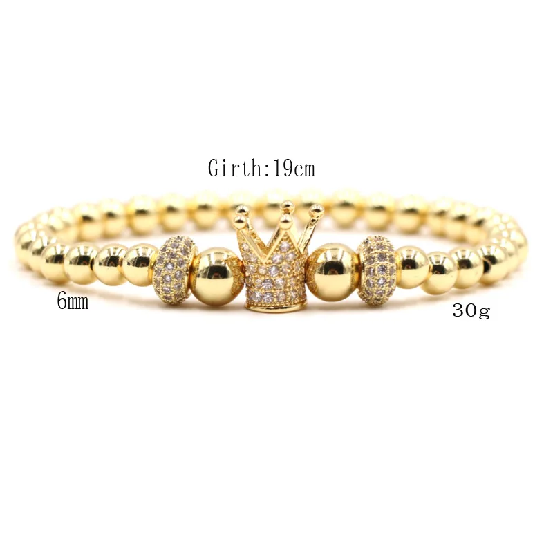 Fashion Black Silver Gold Colors Elastic String Copper Bead Micro Pave CZ Crown Charm Double Tire Bracelets For Male and Female