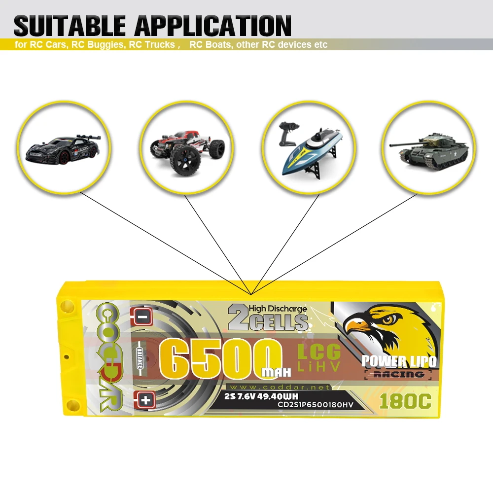 CODDAR 2S1P 6500MAH 7.6V 180C LiHV Hard Case 5mm Bullet Stick Pack 1/10 Scale RC Cars Boats LCG RC LiPo Battery