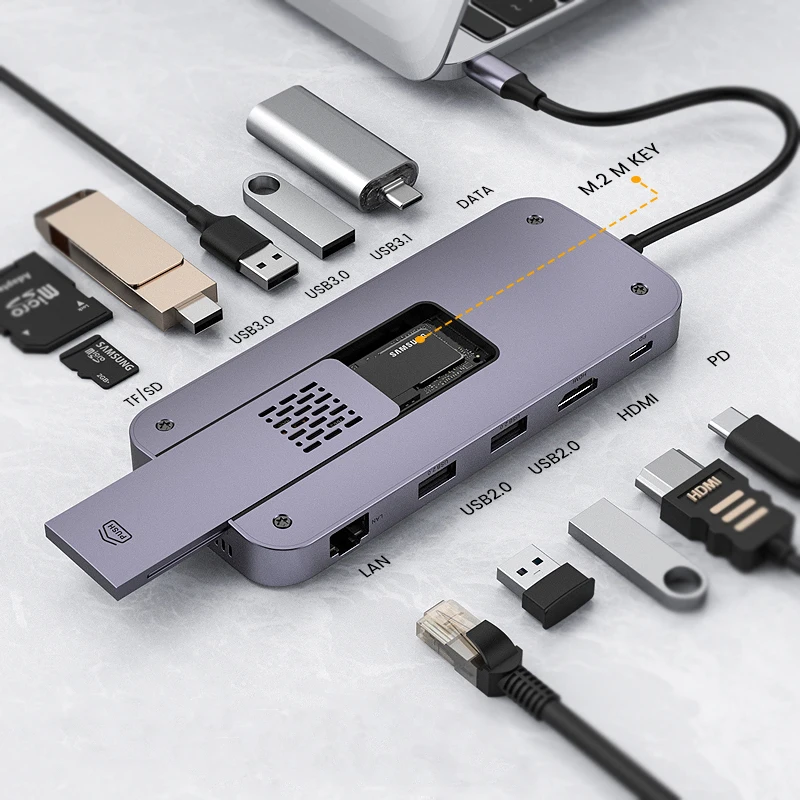 Factory Sale 12 in 1Type C HUB & M.2 SSD Enclosure USB Docking Station with 100W PD+4K+1000M Lan+SD+TF+USB3.2 +DATA