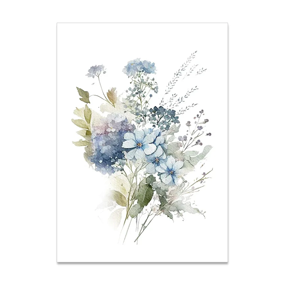 Modern style Home Decoration Watercolor Blue Mix Flowers Leaves Botanical Posters Picture Canvas Print Painting Art with Frame