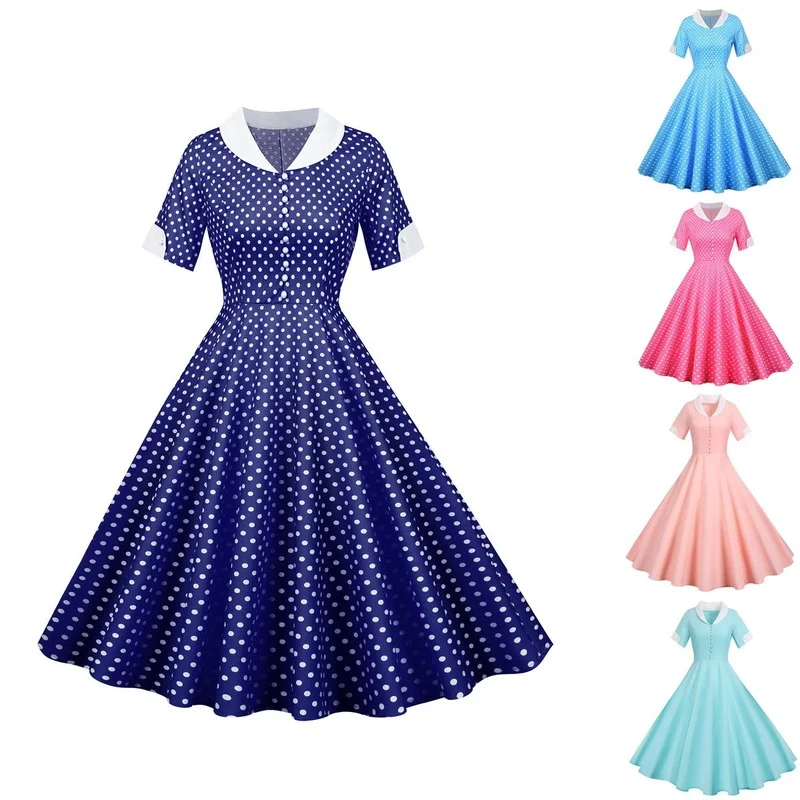 Polka Dot Swing Vintage Office Women Robe Beading Short Sleeve Retro Chic Rockabilly Party Summer Dresses A-Line Vestidos