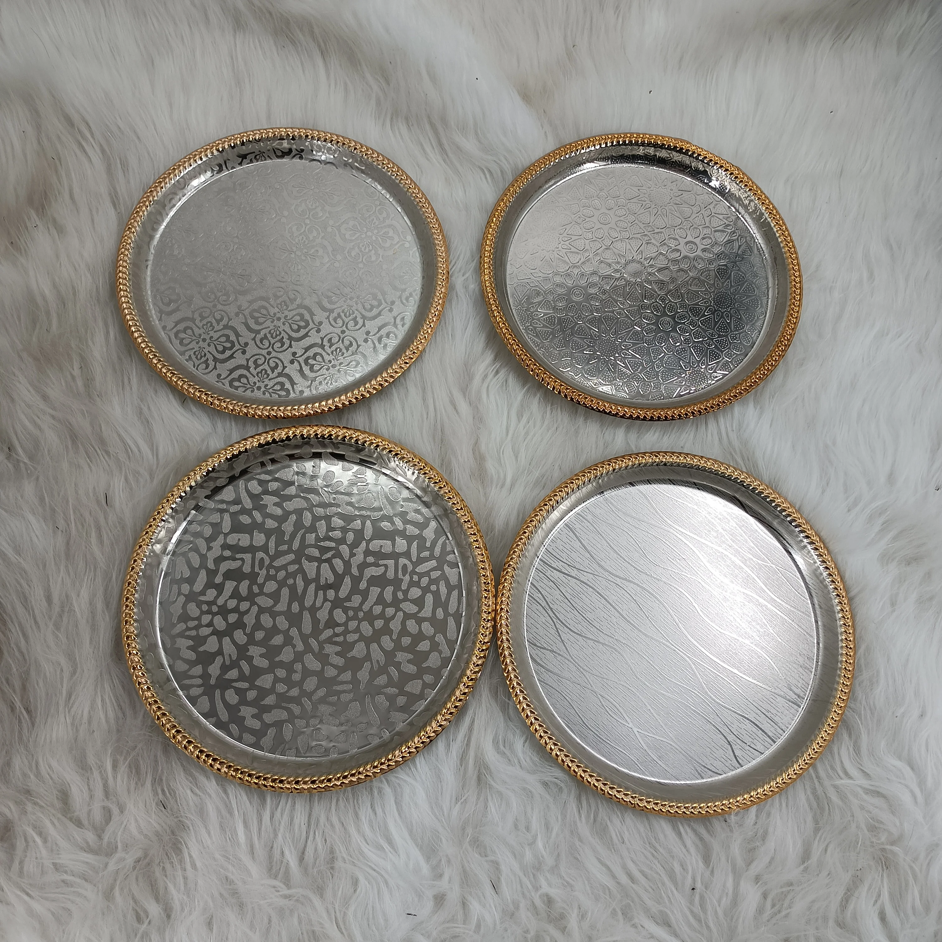 Restaurant Wedding Gold Plated Plate Dinner Set Stainless Steel Metal Serving Food Tray Round Oval Rectangle Dish Tray