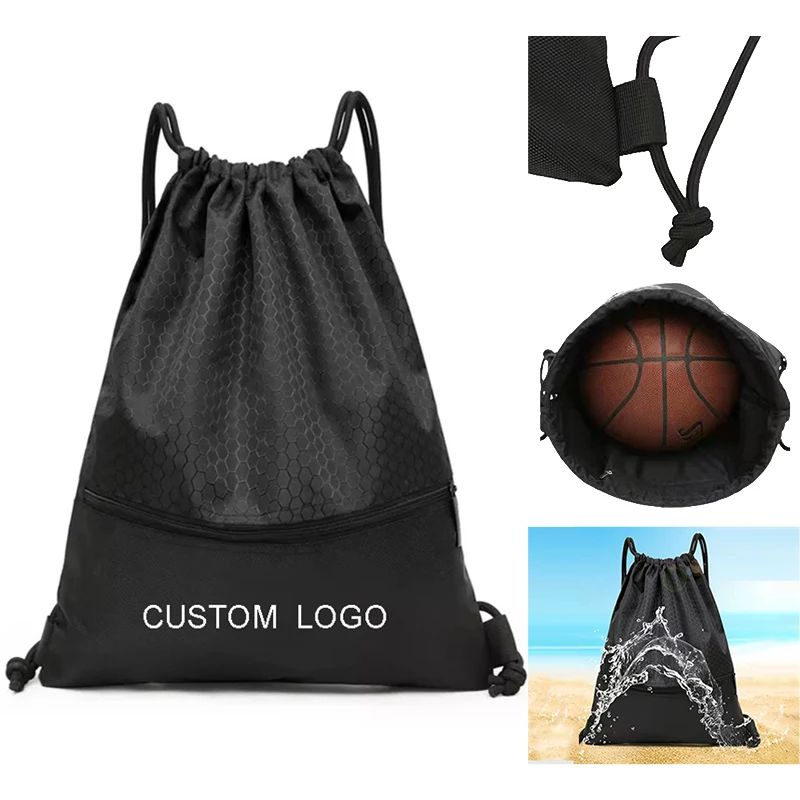 Promotional Mesh String Bags Polyester Bag With Front Zipper Pocket Drawstring Backpacks