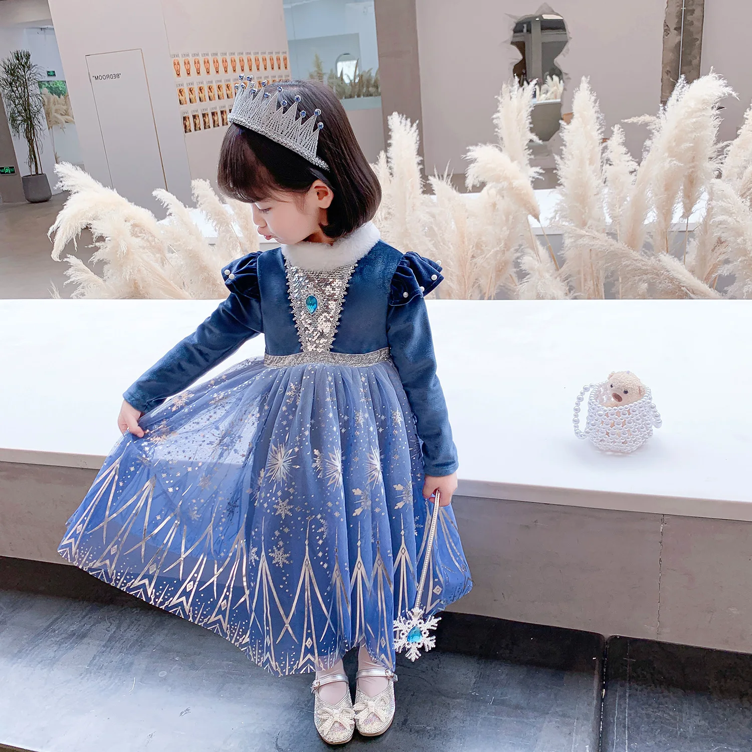 Baige Good Quality Velvet Sleeves Elsa Anna 2 Princess Dress Girls Party Dress With Removable cloak Movie characters For Winter
