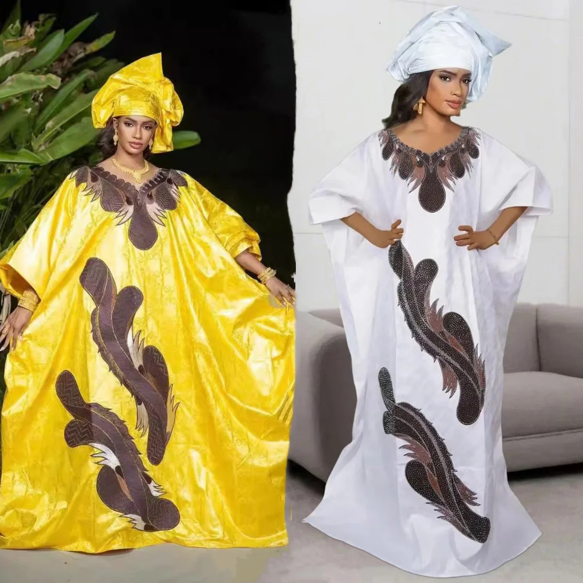 India night dresses women lady elegant V-neck patched diamond dress with scarf