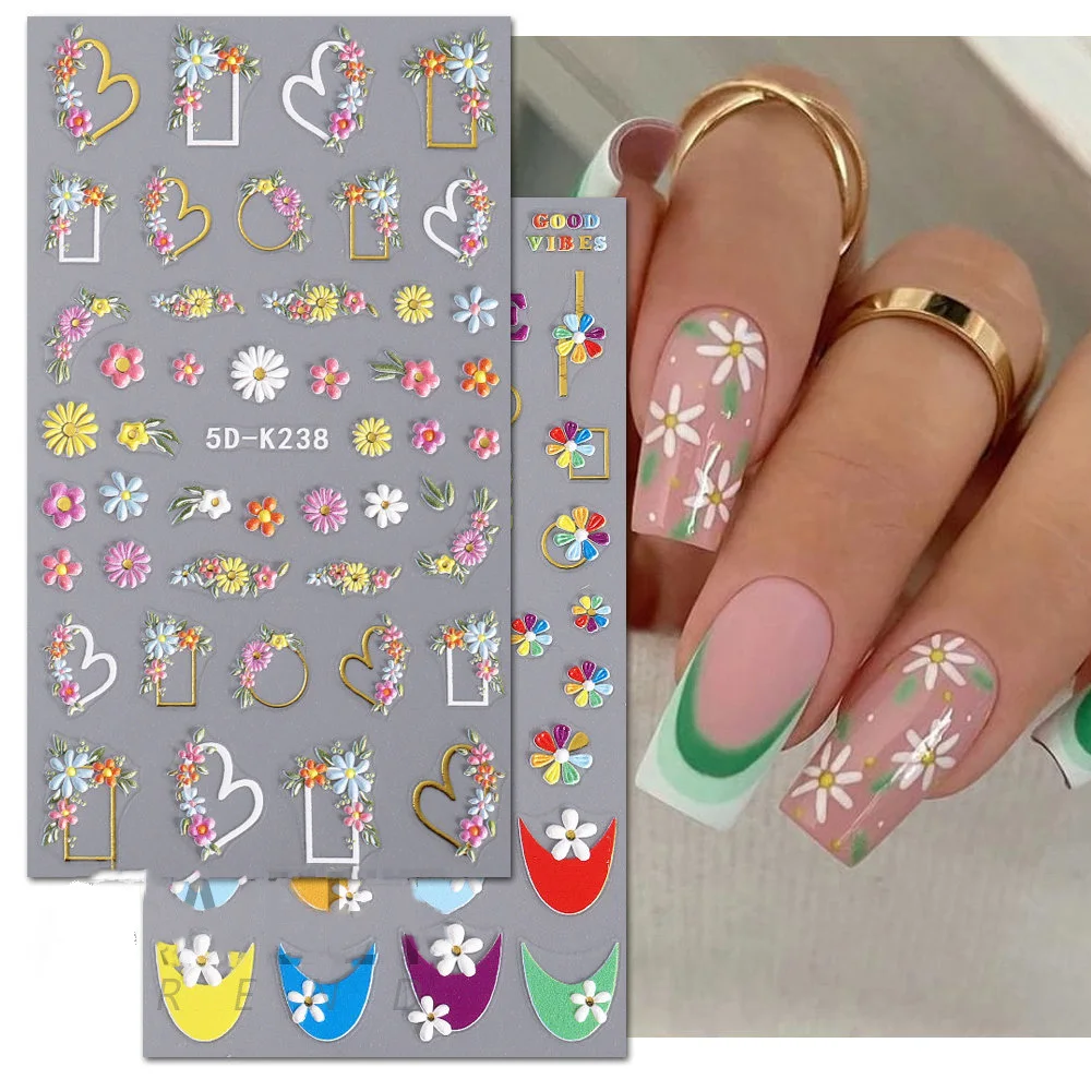 Private Label Relief Fresh Flower 5D Nail Art Stickers Sunflower Five-petal flower Love flower Type Nail Wrap Decal