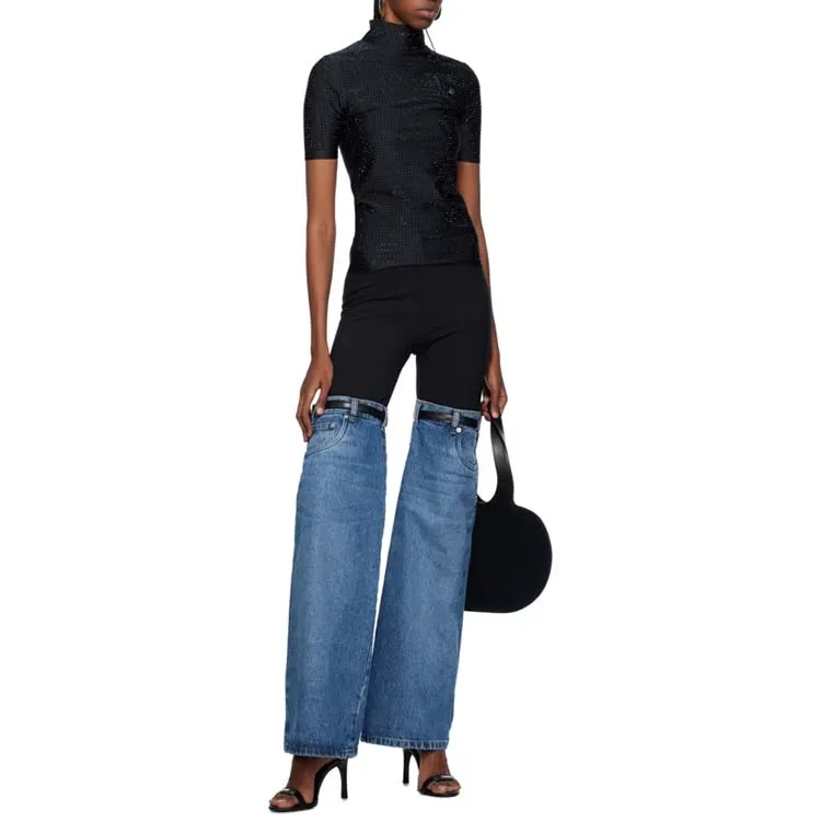 Black & Blue Hybrid Flare Jeans high quality  cotton casual loose Flared nylon jersey and non-stretch denim jeans for women