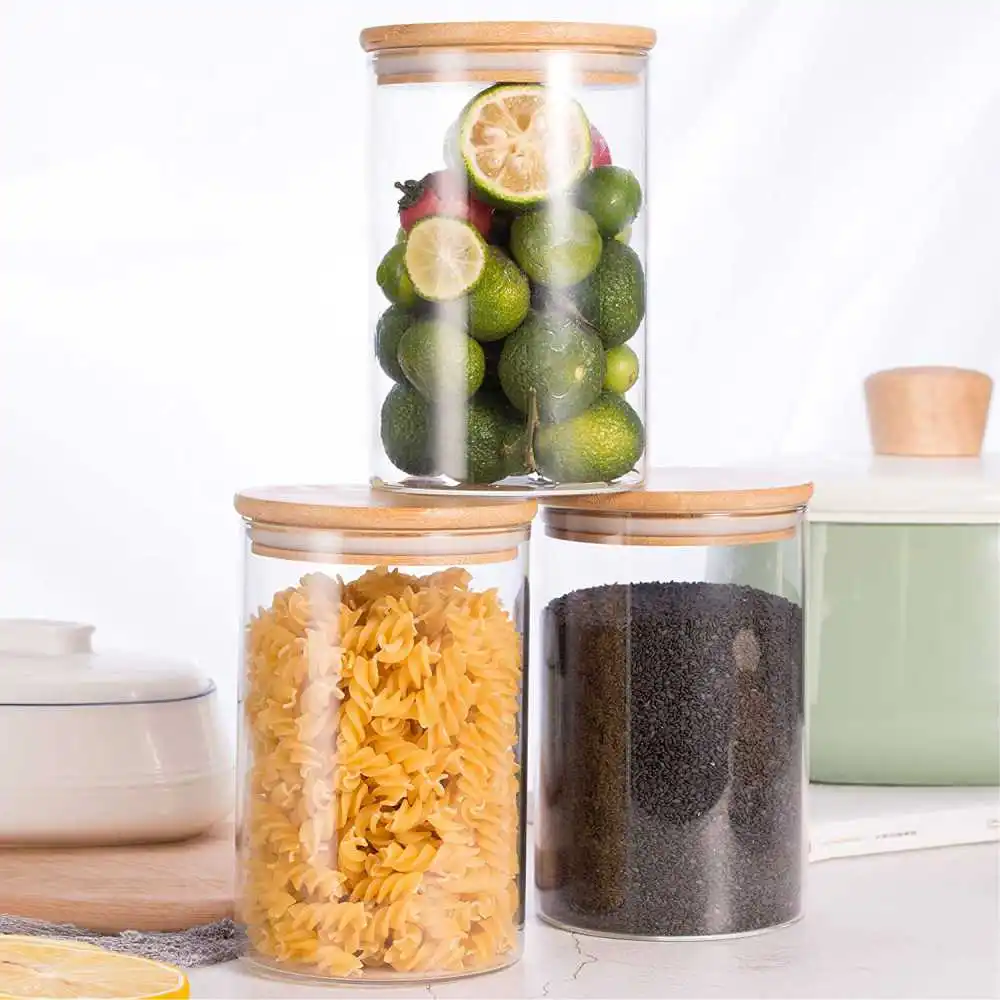 
High borosilicate 3 pieces glass storage jar bottle with bamboo wood lid glass kitchen food container set 