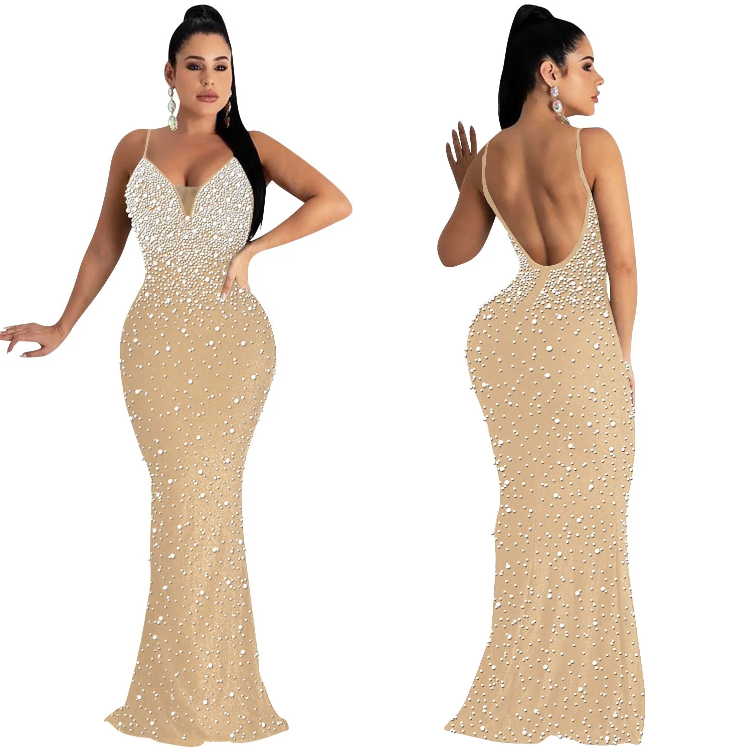 New Arrival Fashion Rhinestone Beaded Dresses Slim Fit Spaghetti Strap Dress Sleeveless Long Party Club Dress