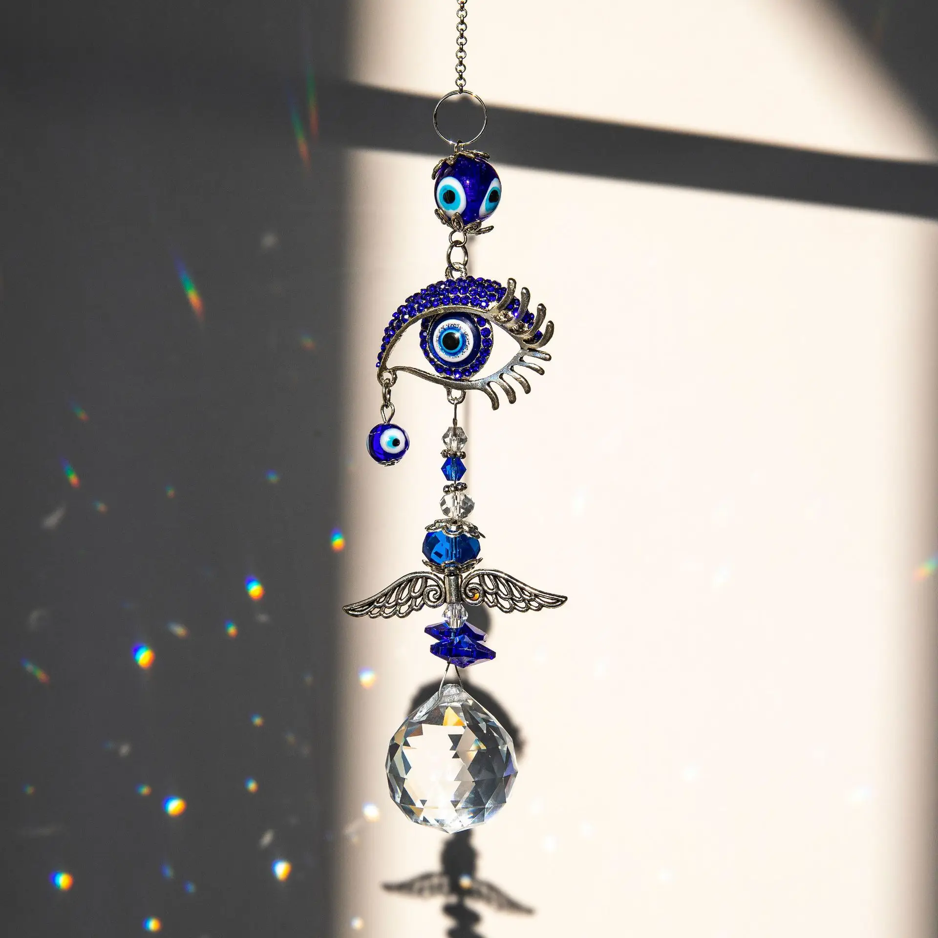 QIAO OEM/ODM Wholesale Crystal Evil Eye Light And Shadow Wind Chime  Hanging Window Gardening  Decor Sun Catcher
