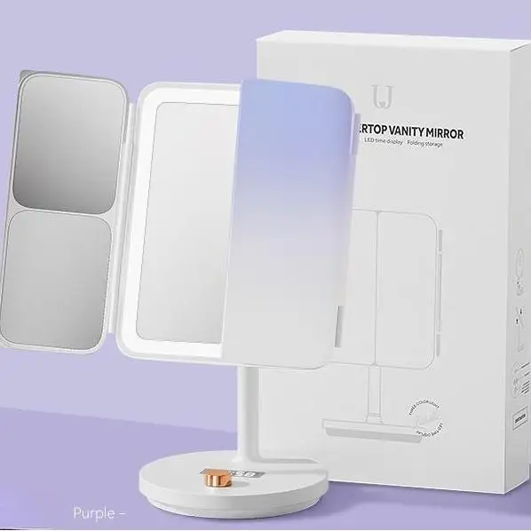 Luxury LED Desktop Vanity Mirror Intelligent Time Reminder Three-sided 3X 2X 1X Magnification Plastic Cosmetic Mirror Weddings