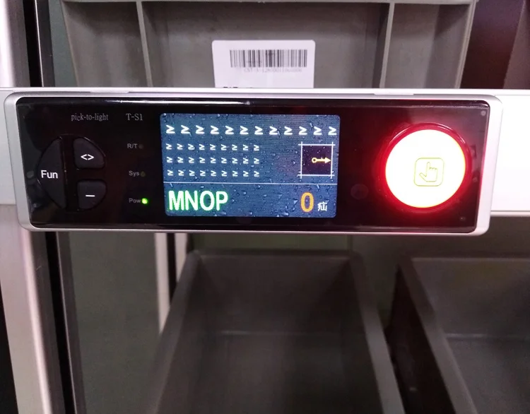 Sophia storage bin pick to light PTL modules with screen display for rack shelf