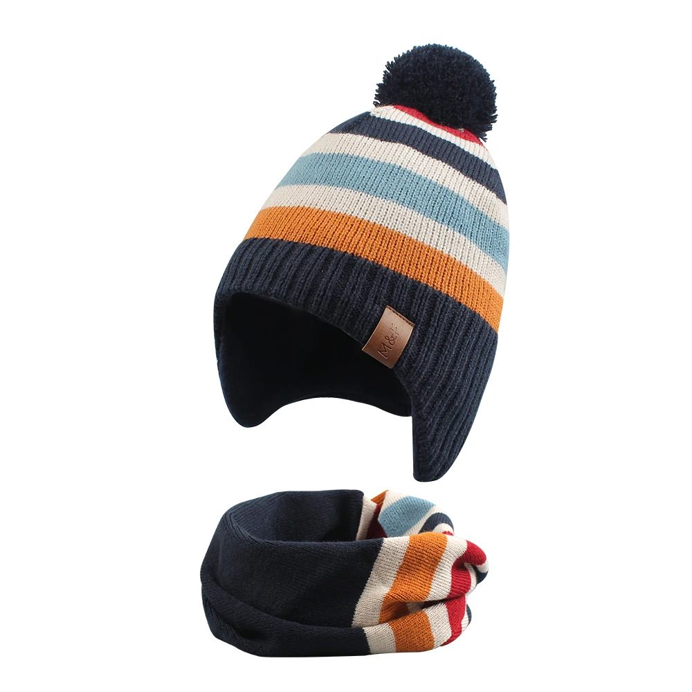 Children Stripe Round Scarf with Boys 100% Acrylic Knitted Girls Fur Pom Pom Beanie Winter Kids Set Scarf Hat