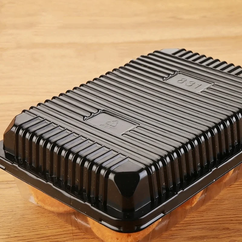 Transparent Cover with Black Bottom Rectangular Dessert Bread Blister Baking Packaging Box for Food Cake