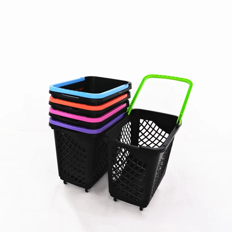 Factory price 65L supermarket rolling basket Four wheel pull basket large capacity supermarket shopping basket