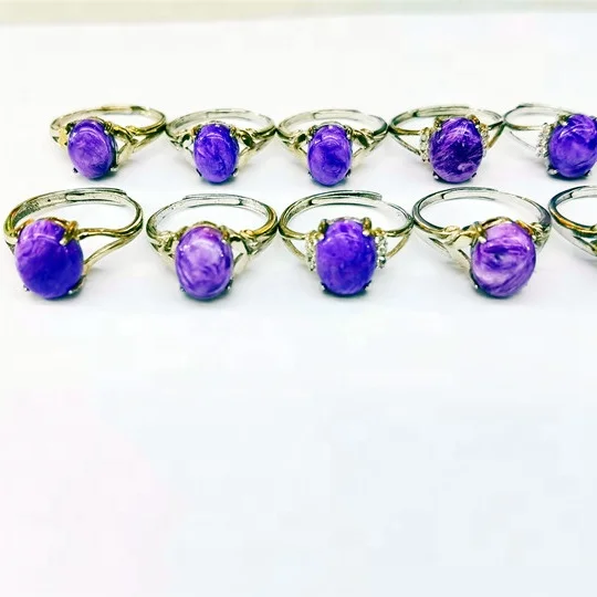 Wholesale Natural Smooth Charm Gemstone  Oval Shape Charoite Cabochon Made S925 Silver Rings
