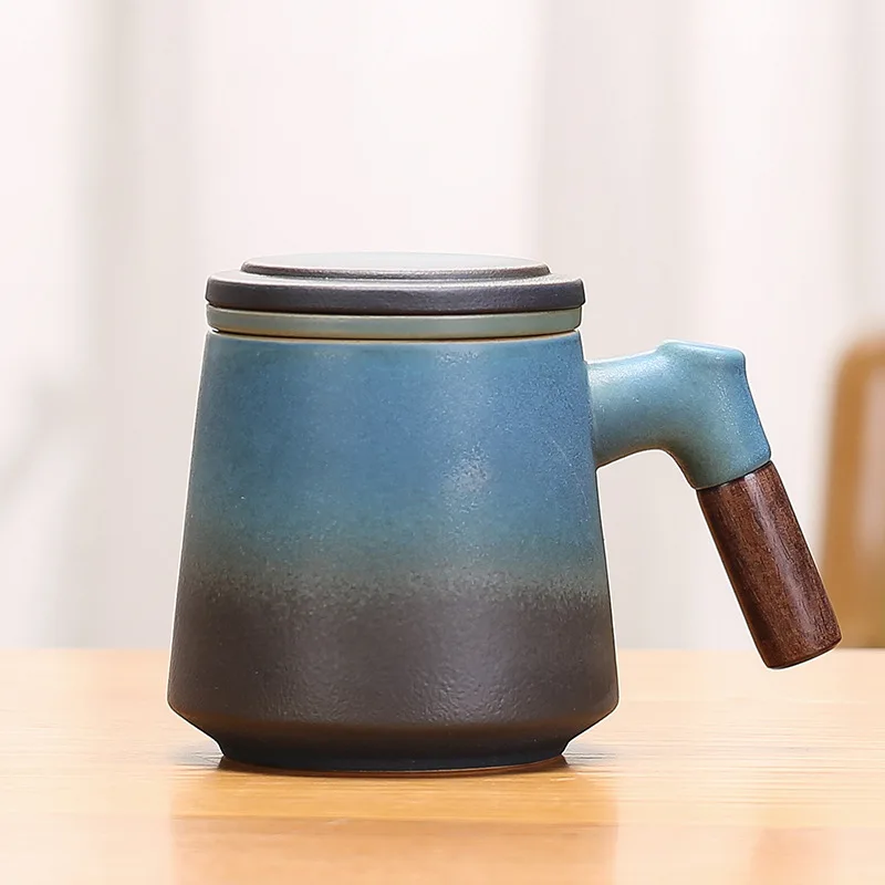 Mug Ceramic Office Custom Logo Tea Separation Cup Wooden Handle Filtered Tea Leaves with Tea Infuser