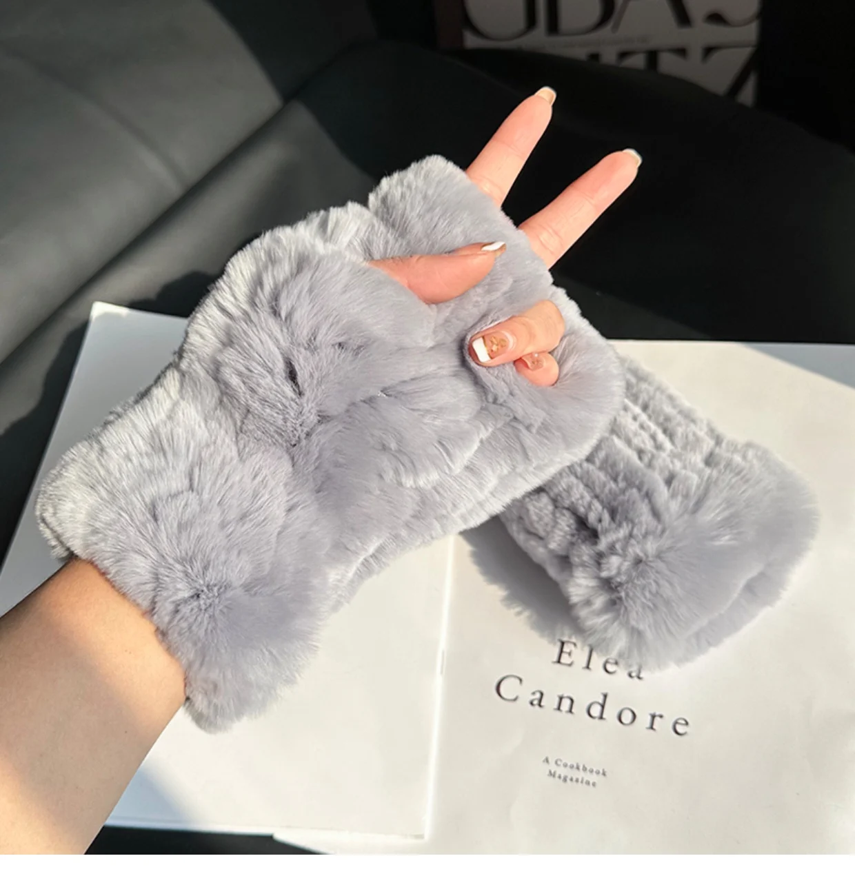 Custom Fashion Plush Luxury Winter Knit Fur Hand Warmer Mittens Real REX RABBIT Fur Fingerless Gloves For Women Girls