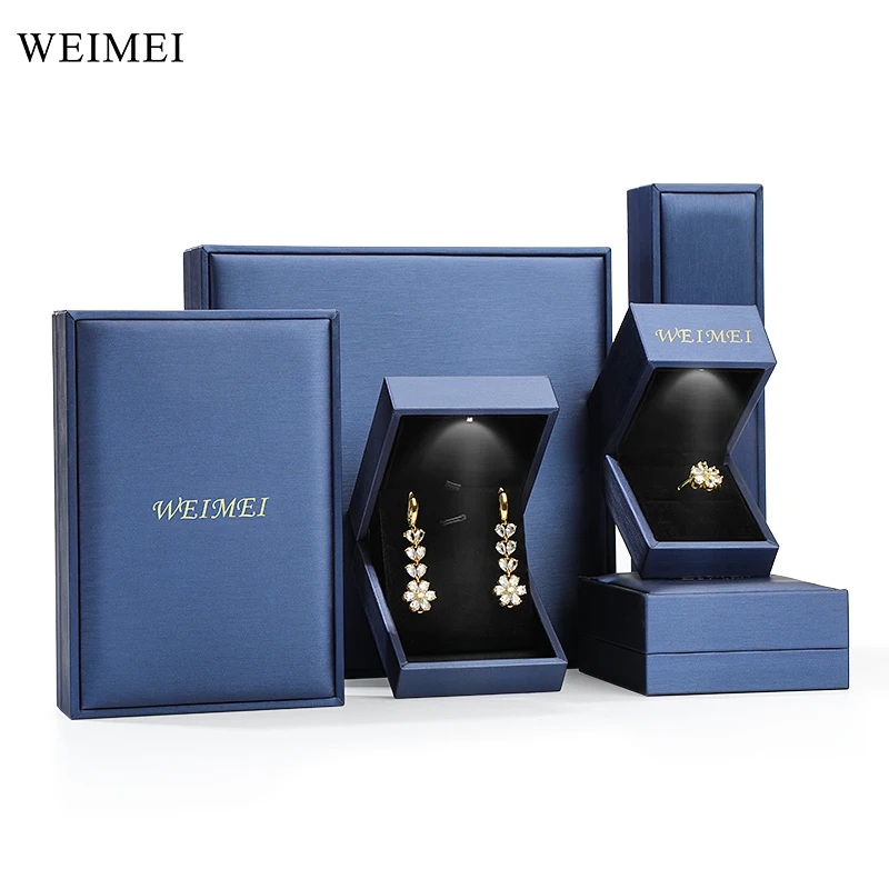 WeiMei high-end custom blue pu leather light jewelry set packaging box with led ring necklace pendant packaging & display