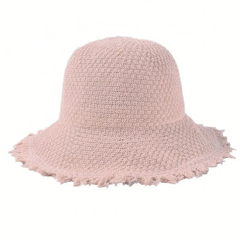 Korea Style Autumn New Jacquard Knitted Women Lady Dress Fisherman Cap Buckets Hats with Frayed Tassels Brim