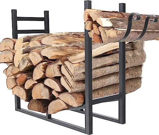 Firewood Storage Hut Firewood Stand Indoor and Outdoor Metal with 4 Fireplace Tools for Oven Steel Adjustable Black