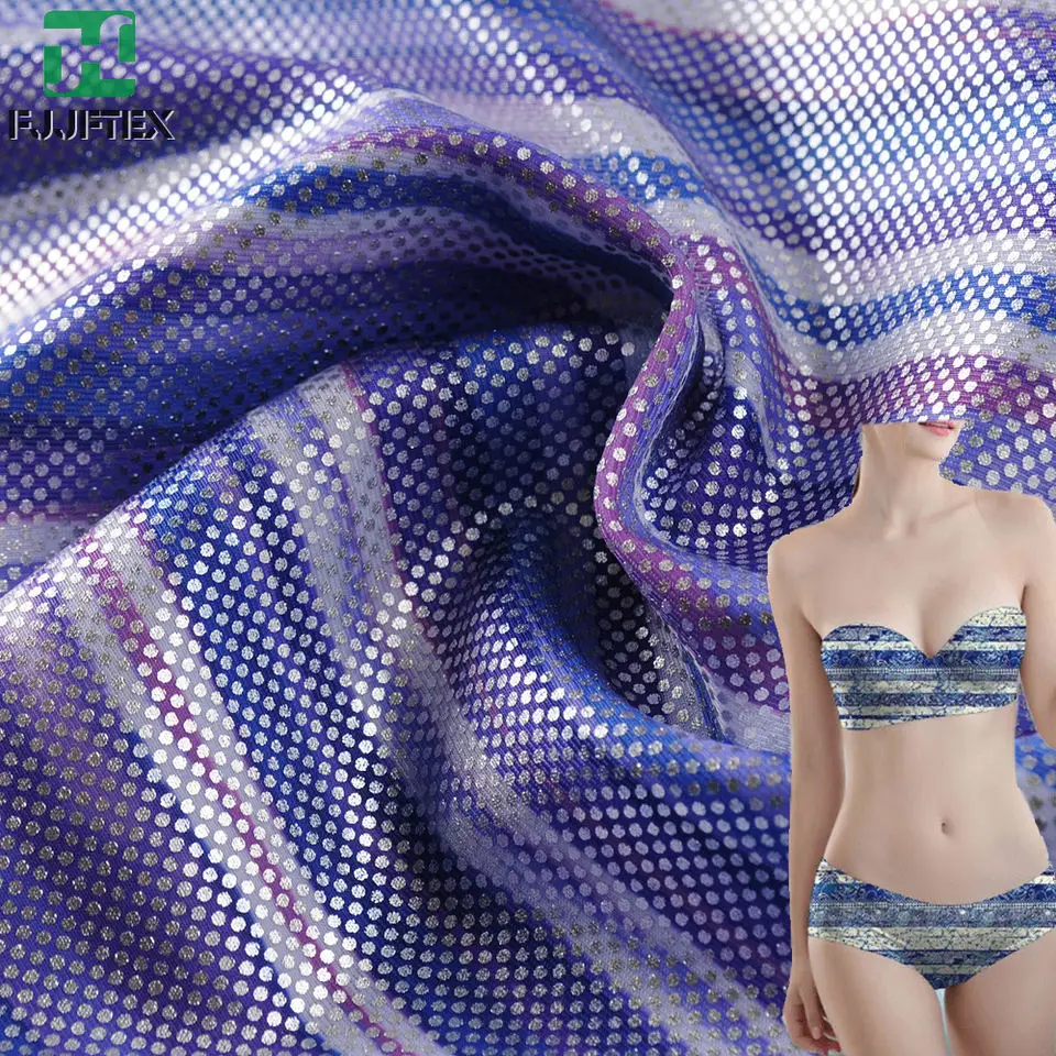 Biflex swimwear elastane custom silver foil printing spandex polyester lycra warp fabric