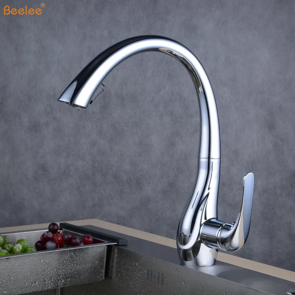 Beelee BL1749C Luxury Polished Chrome Swan Pullout Kitchen Faucet Tap with Pull Down Sprayer