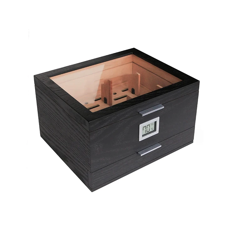 Wholesale  Glass Top  Cedar wood cigar humidor case with Accessory Drawer Front Digital Hygrometer Holds (30-60 Cigars)