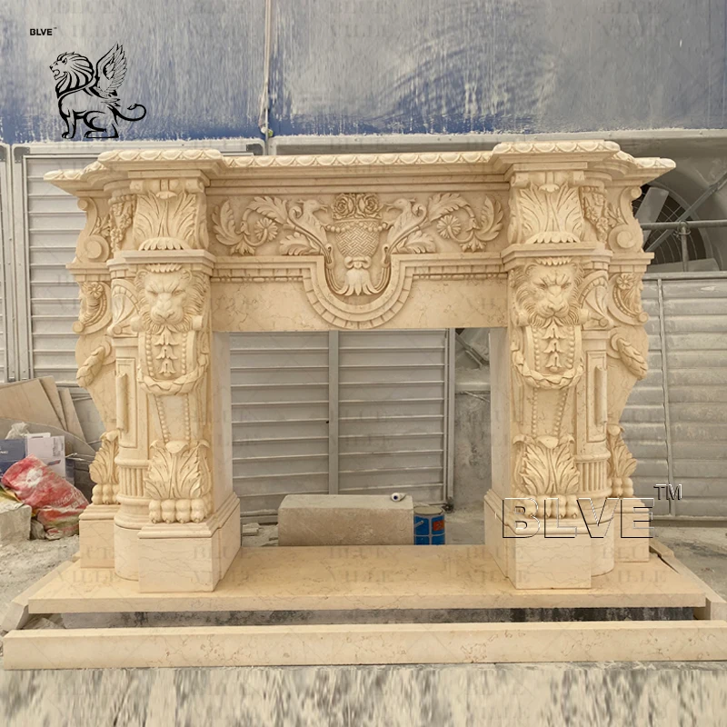 BLVE Modern Indoor Home Decor European Style Freestanding Fireplace Natural Stone Lions Large Marble Mantle Granite Material