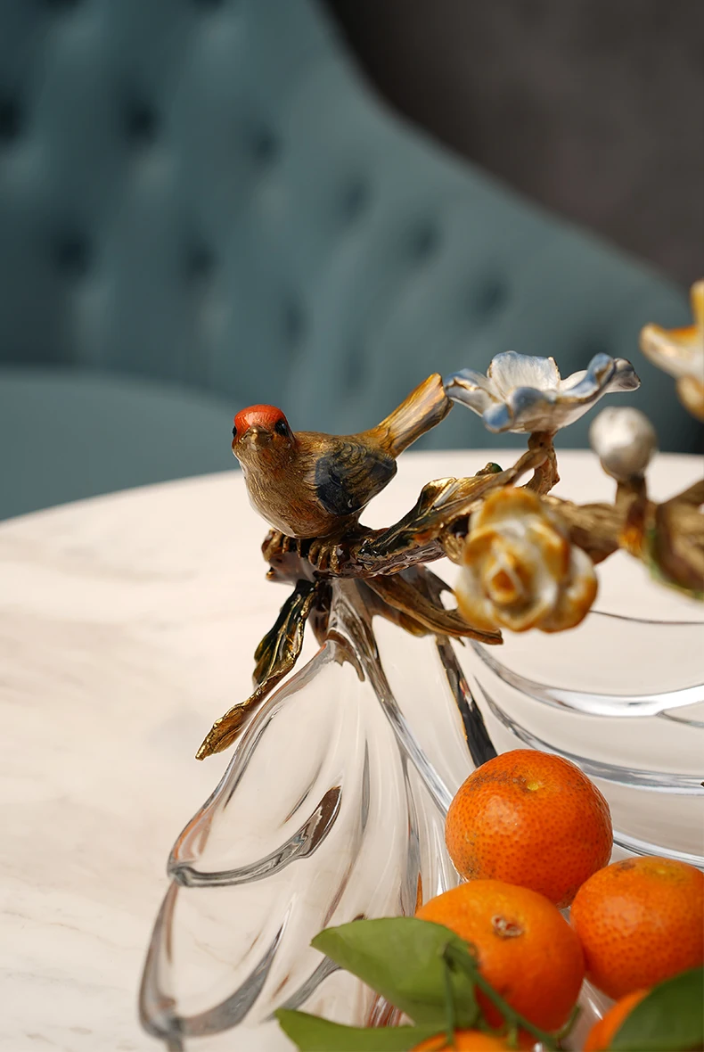 SANLOREN Luxury Home Bird Flower Tabletop Decoration Crystal Glass Enamel Painting Gift Dry Dessert Nut Serving Fruit Tray Bowl
