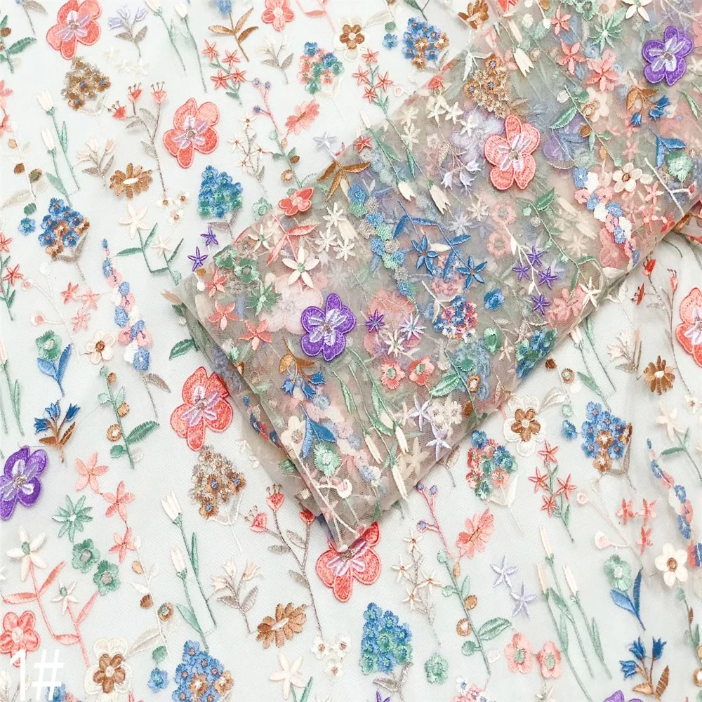 2024 New Design Embroidery Colorful Tulle 3D Floral Colorful Handmade Flower Embroidery Lace Mesh Fabric