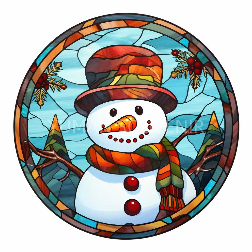 Exquisite 30CM Santa Claus and Christmas Snowman Stained Glass Window Decoration Creative Xmas Color round Pattern