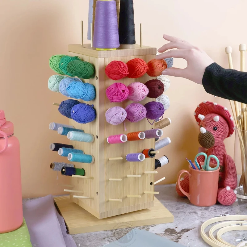 360 Fully Rotating Bamboo Wooden Thread Rack Thread Holder Organizer for Sewing Quilting Embroidery Hair-braiding and Jewelry