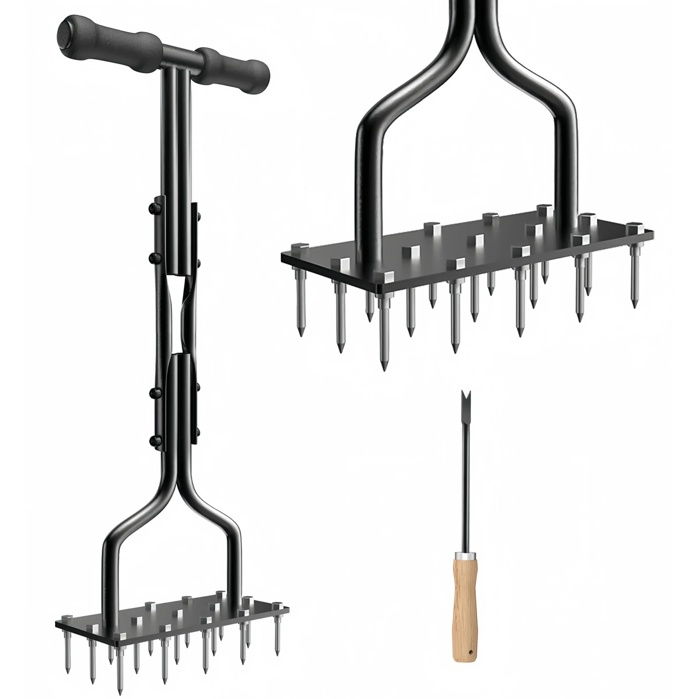 Pre-Installed 15 Nails Manual Turf Scarifier Essential Yard Garden Tool Healthy Lawn Growth-Includes Root Picker Lawn Aerator