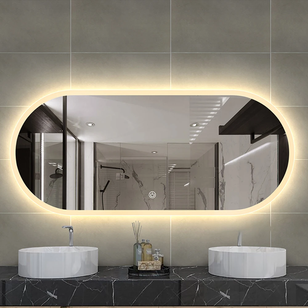Frameless luxury oval illuminated smart wall mounted anti fog touch screen bathroom mirror with LED lights