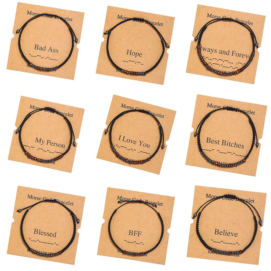 LHZ Drop Shipping Custom Strength Morse Code Jewelry  Hematite Wooden beads Best Bitches Couple friendship bracelet cards