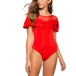 Fitness Clothes Ladies Wholesale Sexy Mesh Ruffle Red Bodysuits for Women