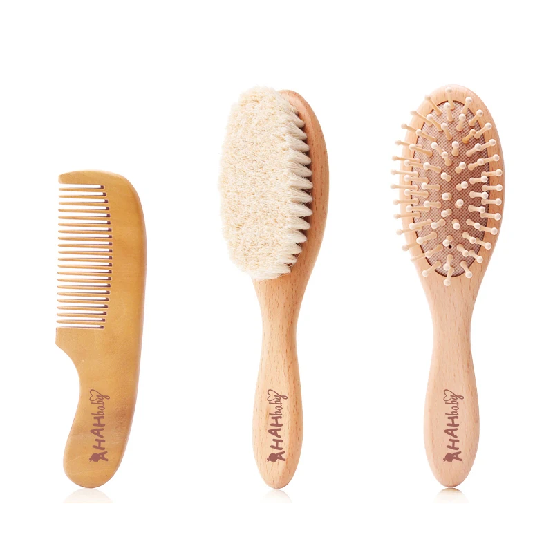 wholesale wooden goat hair brush and comb set for newborns grooming children brush eco-friendly massage brush custom logo