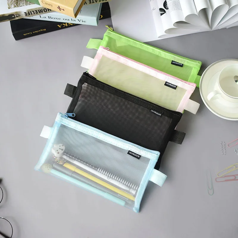 Portable Simple Transparent Large Capacity Mesh Pencil Case for Student Exams