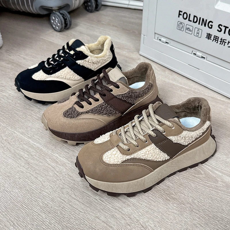 Non-slip Soles Girl Ladies Sneakers Winter Fuzzy Warm Sports Shoes New Design New Plush Cotton Running Shoes