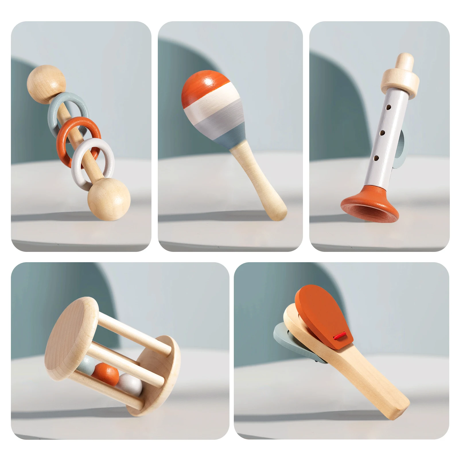 Montessori Wooden baby rattle Set geometric grab toy with 5 wooden baby rattle