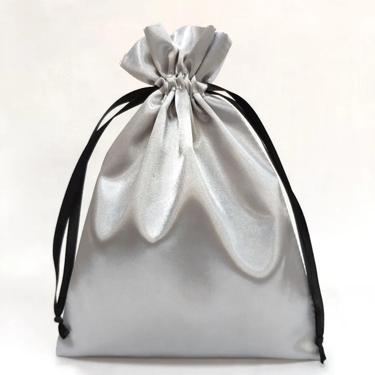 Custom grey satin pouch with ribbon drawstring silk bags for jewelry