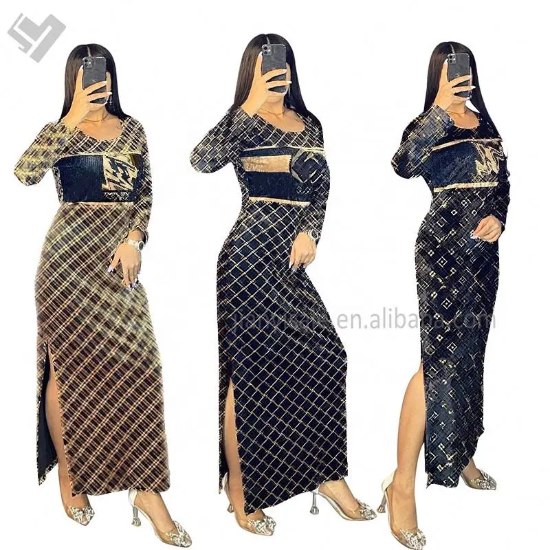 Famous Brand Fall Women Long Sleeve Maxi Dress Designer Print Luxury Slim Fits Split Long Dress Ladies Elegant Casual Dress