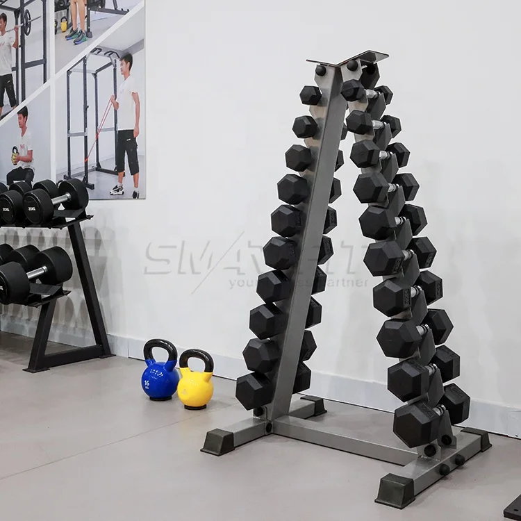 custom 10 set pair triangle hex dumbbell small storage rack stand vertical
