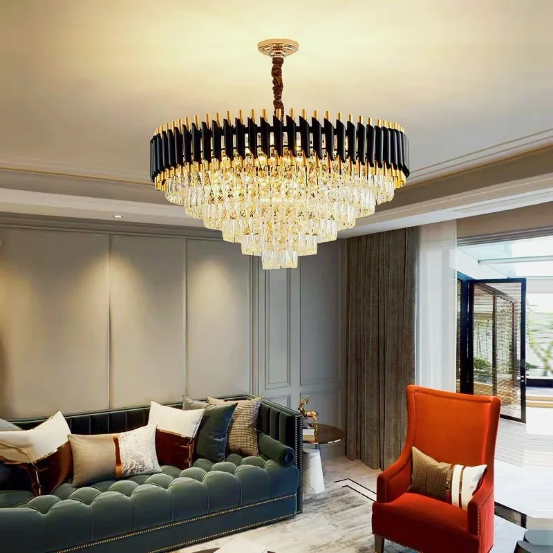 Modern vintage long living room bedroom big led luxury hotel k9 crystal black antique chandelier lighting