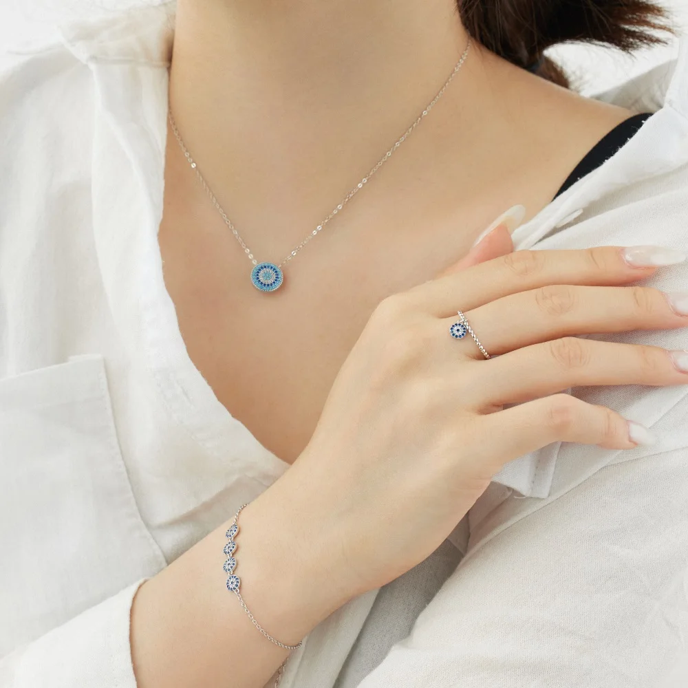 Dylam Dainty Fine Fashion Women Jewelry S925 Silver Beaded Eternity 5A Cubic Zirconia Dangle Evil Roundel Blue Evil Rings