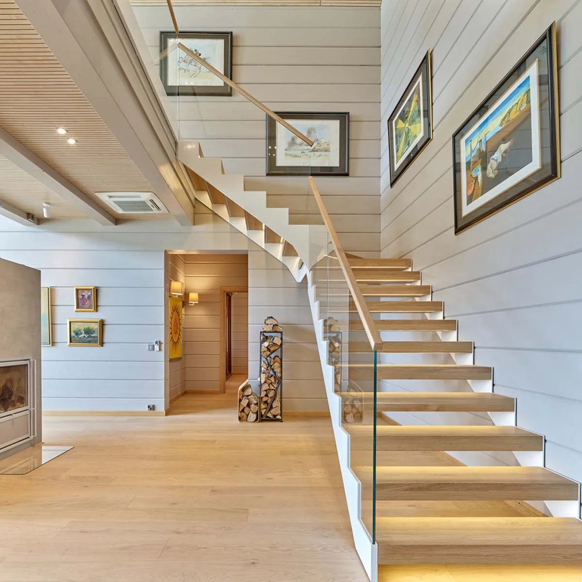 prefab Solid Wood wood stair thread Stairs Floating Cantilevered Staircase motion sensor light stairs