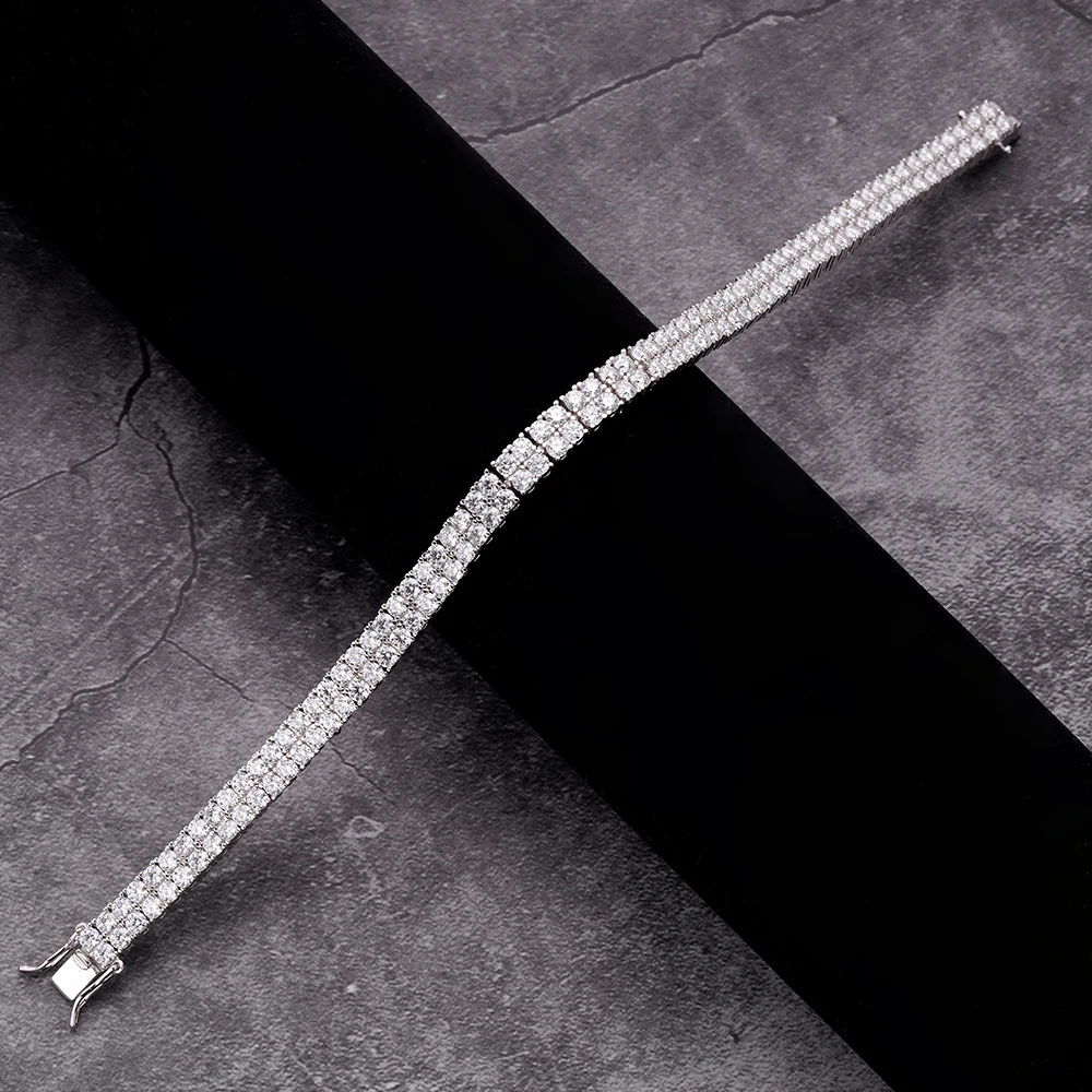 Classical Hiphop Two Rows Prong Set Ice Out Zircon Diamond Rhodium Gold Plated 925 Silver Tennis Chain Bracelets